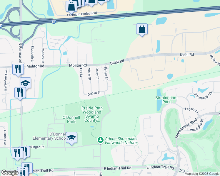 map of restaurants, bars, coffee shops, grocery stores, and more near 1685 Felten Road in Aurora