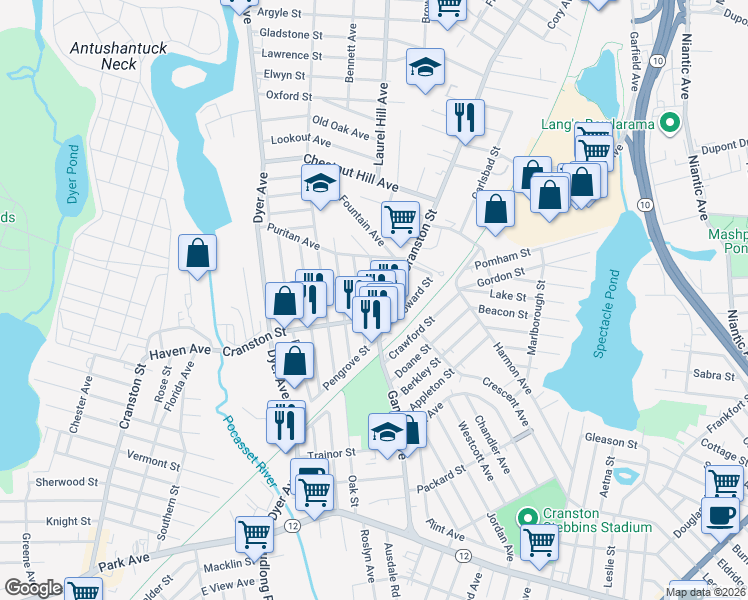 map of restaurants, bars, coffee shops, grocery stores, and more near 12 Pendleton Street in Cranston
