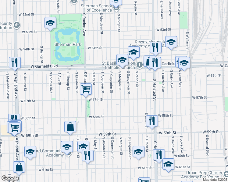 map of restaurants, bars, coffee shops, grocery stores, and more near 5631 South Carpenter Street in Chicago