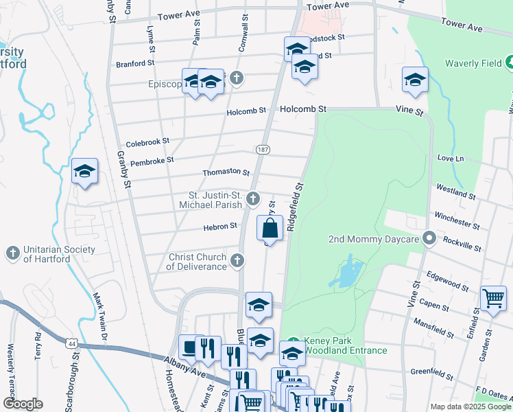 map of restaurants, bars, coffee shops, grocery stores, and more near 250 Blue Hills Avenue in Hartford