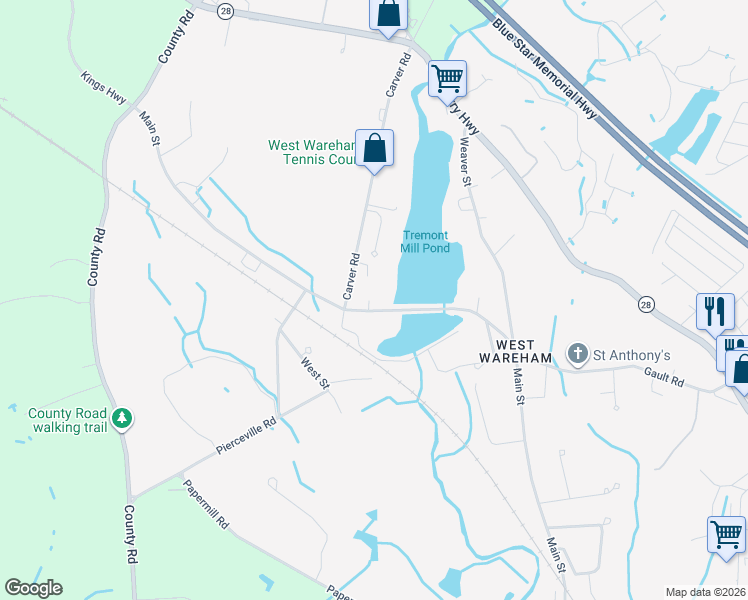 map of restaurants, bars, coffee shops, grocery stores, and more near 1073 Main Street in Wareham