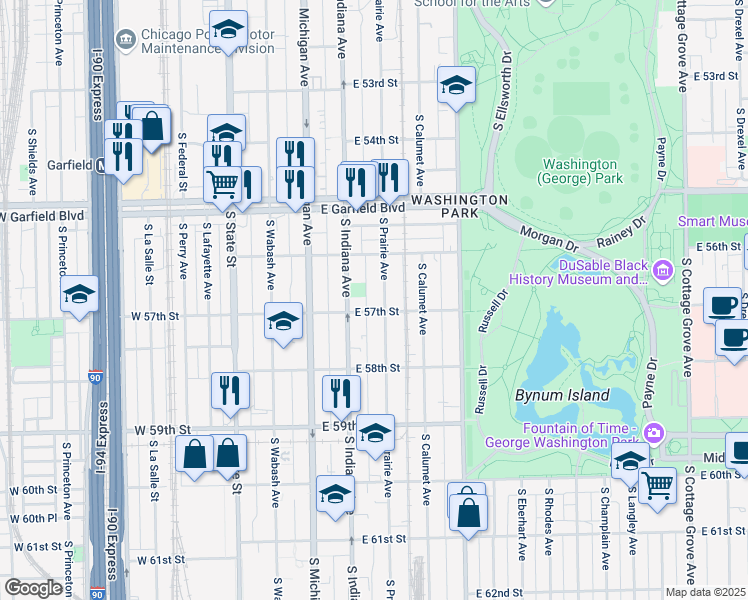 map of restaurants, bars, coffee shops, grocery stores, and more near 5652 South Prairie Avenue in Chicago