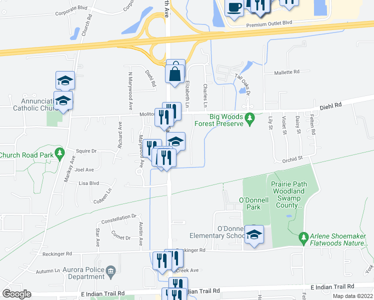 map of restaurants, bars, coffee shops, grocery stores, and more near 1686 Gary Avenue in Aurora