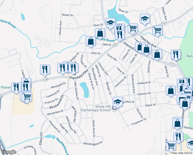 map of restaurants, bars, coffee shops, grocery stores, and more near 54 Woodland Ave in Cranston