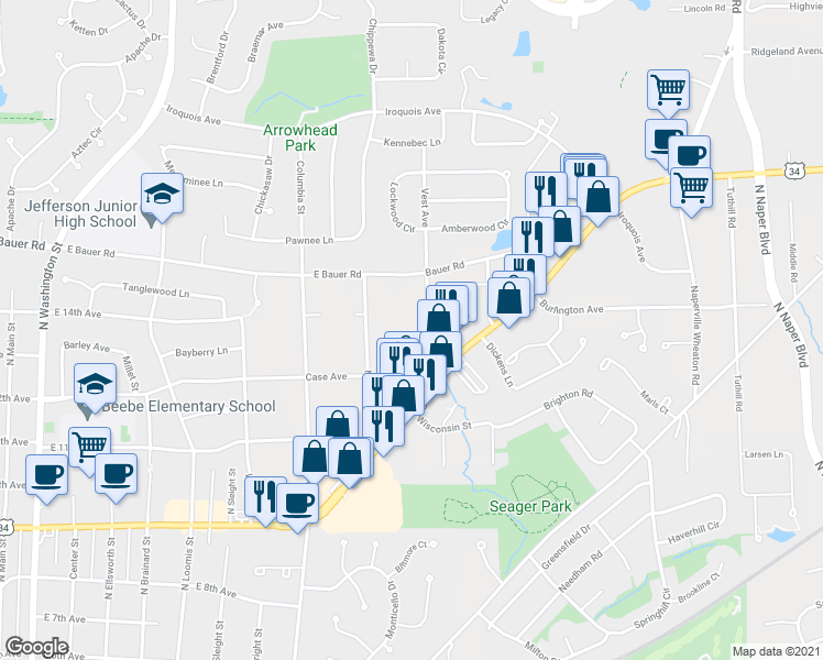 map of restaurants, bars, coffee shops, grocery stores, and more near 5S416 Vest Avenue in Naperville