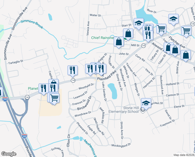 map of restaurants, bars, coffee shops, grocery stores, and more near 1563 Plainfield Pike in Johnston