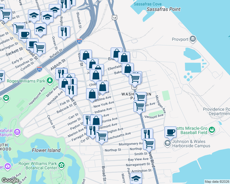 map of restaurants, bars, coffee shops, grocery stores, and more near 70 Virginia Avenue in Providence