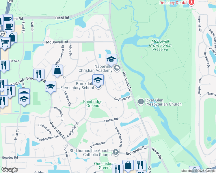map of restaurants, bars, coffee shops, grocery stores, and more near 1211 Redfield Road in Naperville