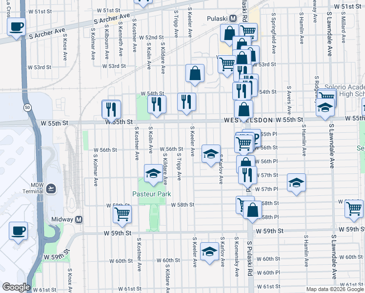 map of restaurants, bars, coffee shops, grocery stores, and more near 5557 South Tripp Avenue in Chicago