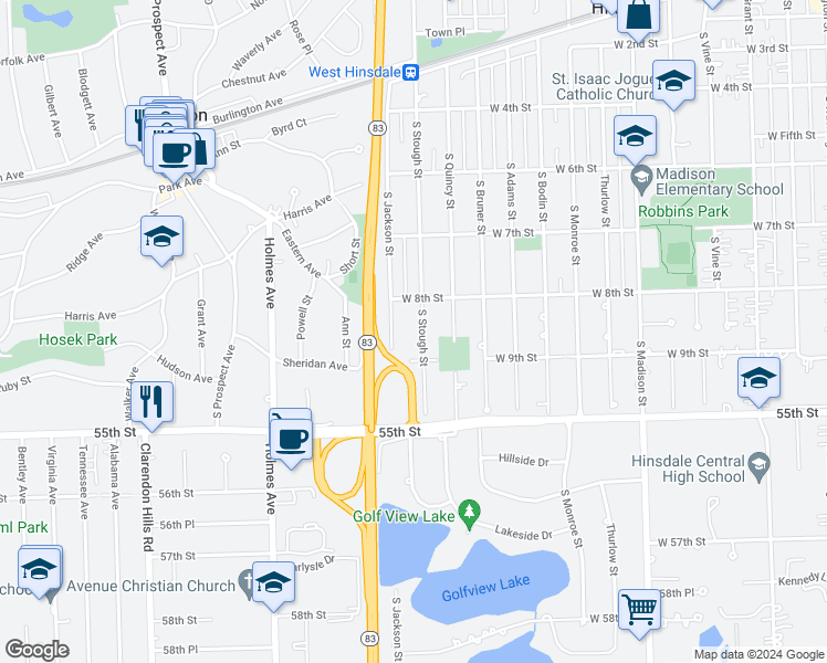 map of restaurants, bars, coffee shops, grocery stores, and more near 824 South Stough Street in Hinsdale