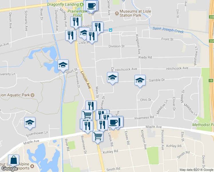map of restaurants, bars, coffee shops, grocery stores, and more near 5135 Hawthorne Lane in Lisle
