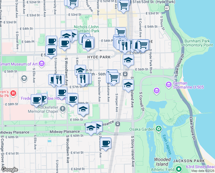 map of restaurants, bars, coffee shops, grocery stores, and more near 1432 East 57th Street in Chicago
