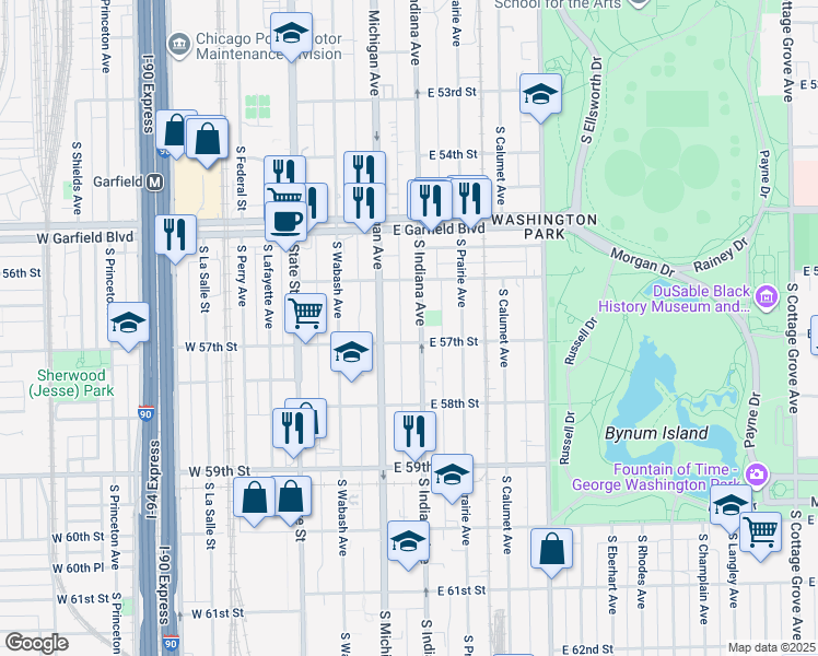 map of restaurants, bars, coffee shops, grocery stores, and more near 5648 South Indiana Avenue in Chicago