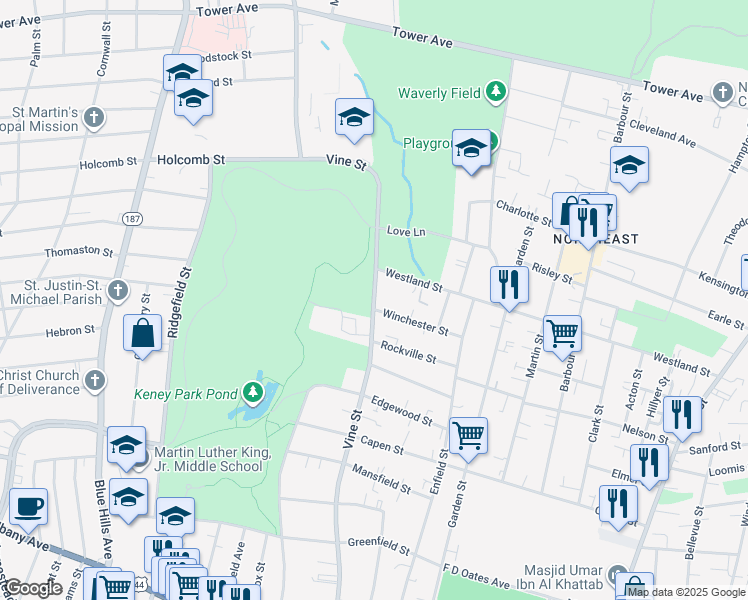 map of restaurants, bars, coffee shops, grocery stores, and more near 366 Vine Street in Hartford