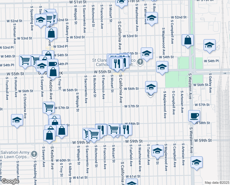 map of restaurants, bars, coffee shops, grocery stores, and more near 5609 S Mozart St in Chicago