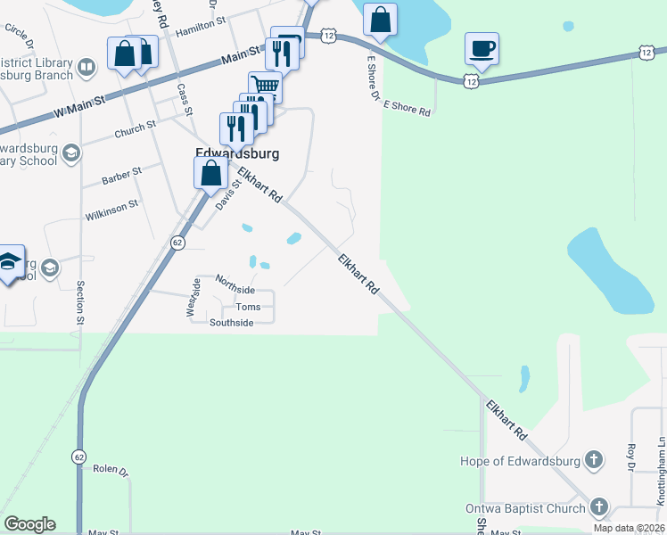 map of restaurants, bars, coffee shops, grocery stores, and more near 69324 Elkhart Road in Edwardsburg