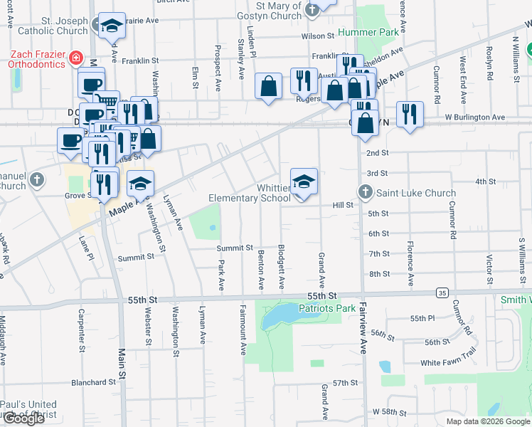 map of restaurants, bars, coffee shops, grocery stores, and more near 5245 Benton Avenue in Downers Grove