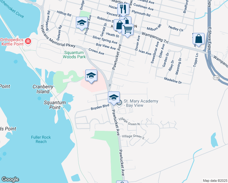 map of restaurants, bars, coffee shops, grocery stores, and more near 3048 Rhode Island 103 in East Providence