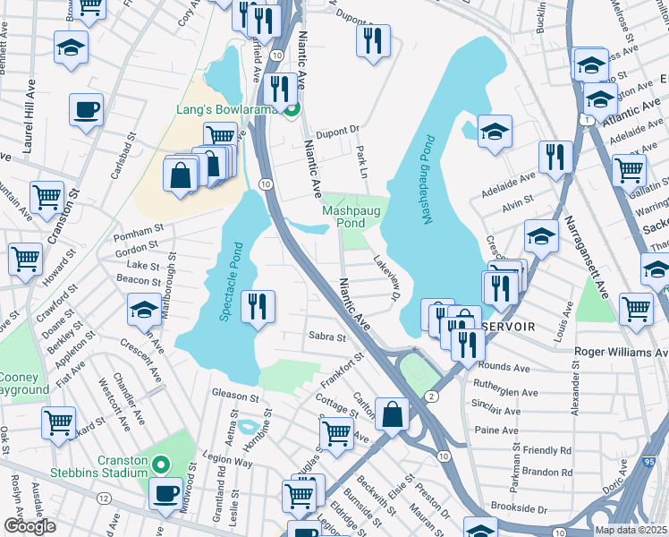 map of restaurants, bars, coffee shops, grocery stores, and more near 487 Niantic Avenue in Cranston