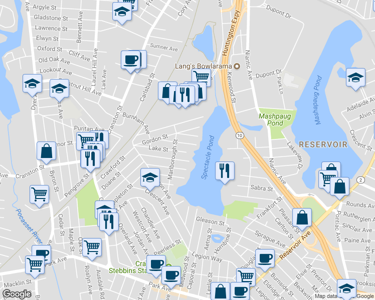 map of restaurants, bars, coffee shops, grocery stores, and more near 122 Lake Street in Cranston