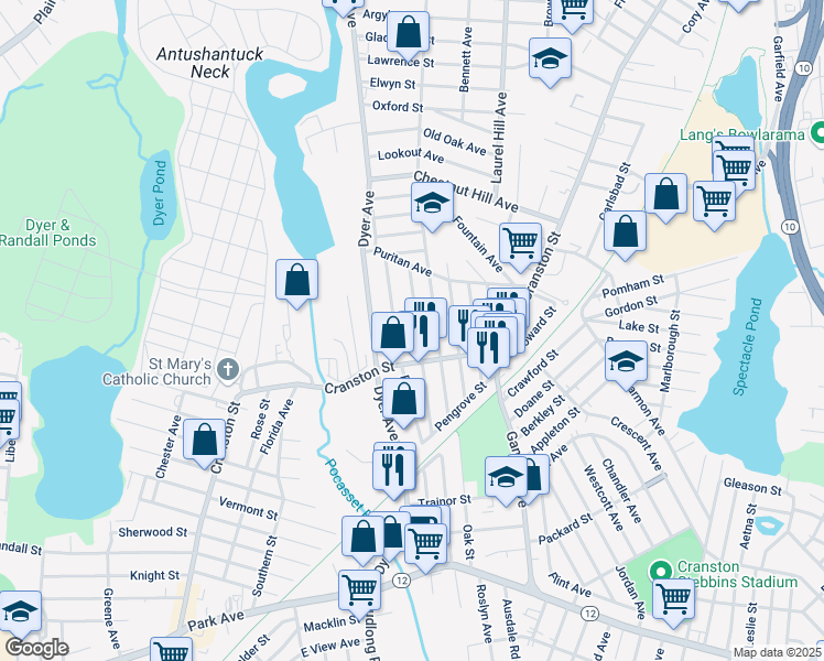 map of restaurants, bars, coffee shops, grocery stores, and more near 87 Victoria Avenue in Cranston