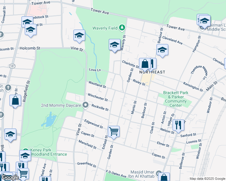map of restaurants, bars, coffee shops, grocery stores, and more near 234 Westland Street in Hartford