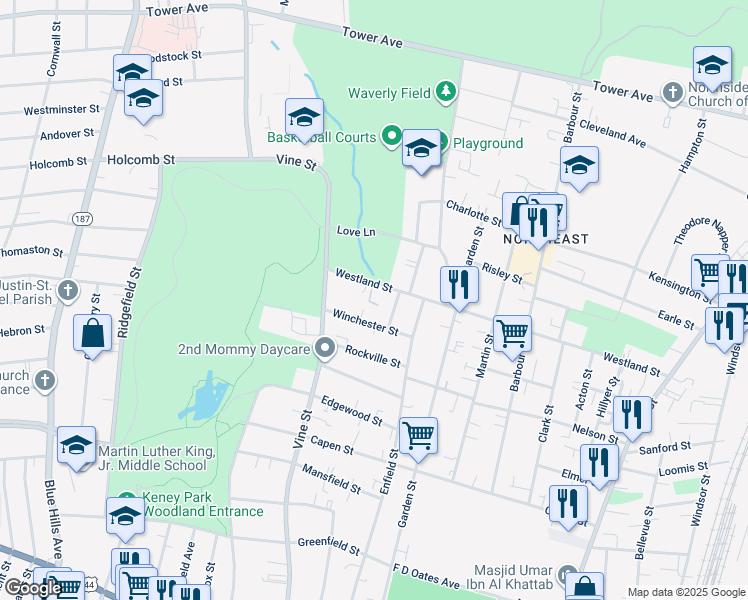 map of restaurants, bars, coffee shops, grocery stores, and more near 257 Westland Street in Hartford