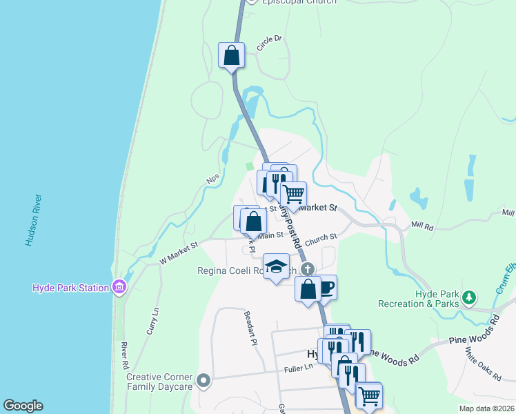 map of restaurants, bars, coffee shops, grocery stores, and more near 21A West Market Street in Hyde Park