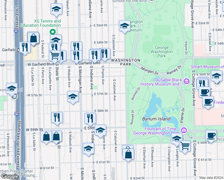 map of restaurants, bars, coffee shops, grocery stores, and more near 5648 South Calumet Avenue in Chicago