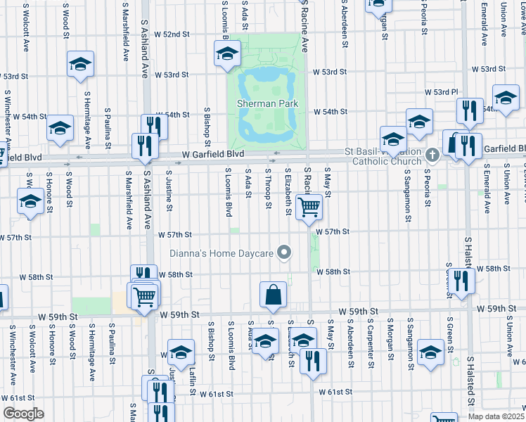 map of restaurants, bars, coffee shops, grocery stores, and more near 5627 South Throop Street in Chicago