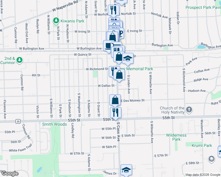 map of restaurants, bars, coffee shops, grocery stores, and more near 205 South Lincoln Street in Westmont