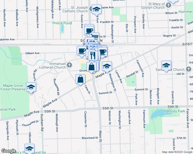 map of restaurants, bars, coffee shops, grocery stores, and more near 1010 Maple Avenue in Downers Grove