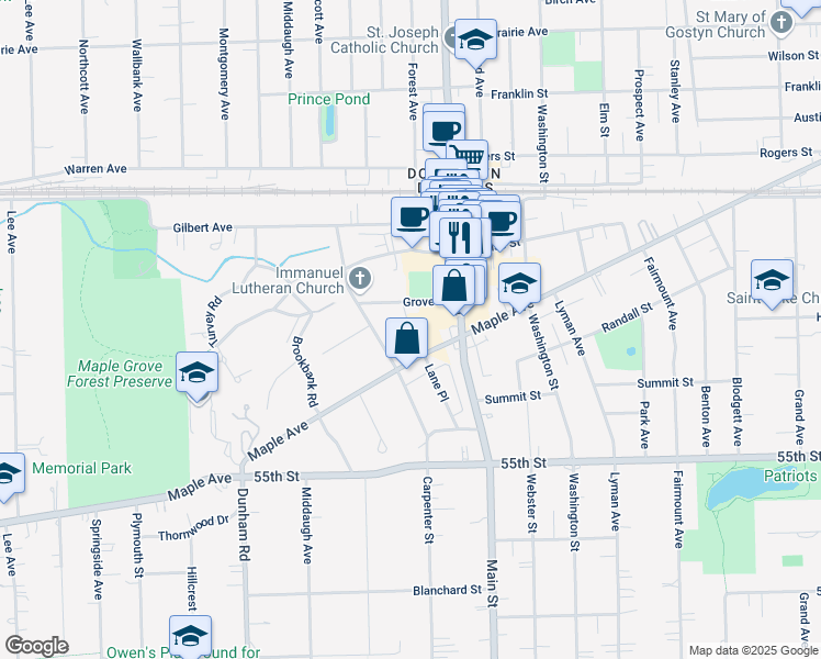 map of restaurants, bars, coffee shops, grocery stores, and more near 5234 Farrar Court in Downers Grove