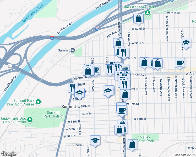 map of restaurants, bars, coffee shops, grocery stores, and more near 7349 Archer Avenue in Summit