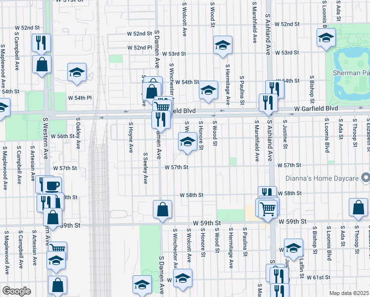 map of restaurants, bars, coffee shops, grocery stores, and more near 5618 South Wolcott Avenue in Chicago