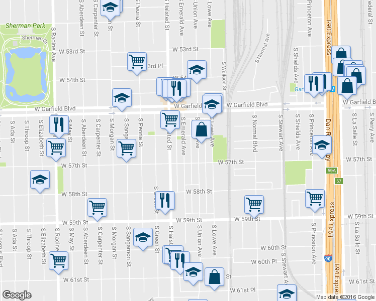 map of restaurants, bars, coffee shops, grocery stores, and more near 5635 South Emerald Avenue in Chicago