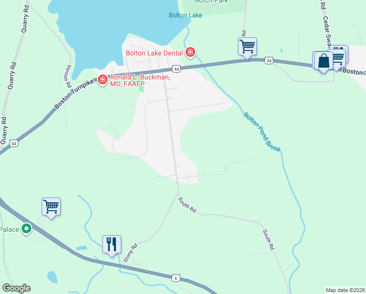 map of restaurants, bars, coffee shops, grocery stores, and more near 44 South Road in Bolton