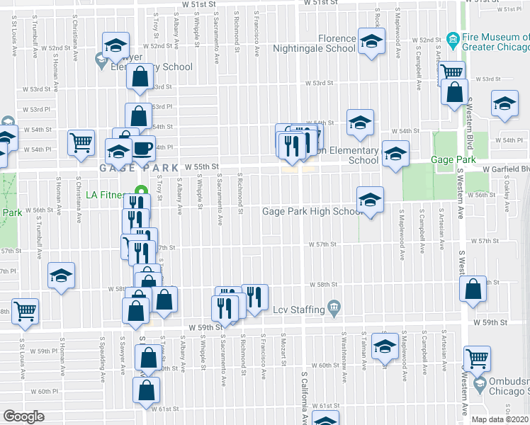 map of restaurants, bars, coffee shops, grocery stores, and more near 5609 South Francisco Avenue in Chicago