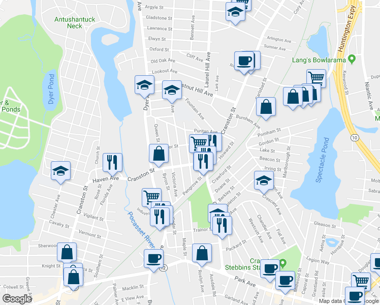 map of restaurants, bars, coffee shops, grocery stores, and more near 63 Cleveland Avenue in Cranston