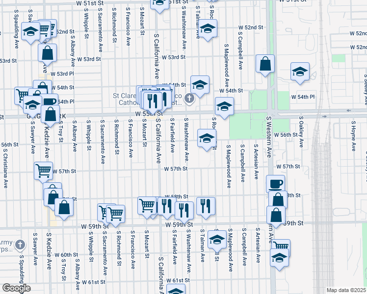 map of restaurants, bars, coffee shops, grocery stores, and more near 5610 South Washtenaw Avenue in Chicago