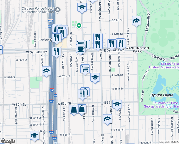map of restaurants, bars, coffee shops, grocery stores, and more near 5646 South Wabash Avenue in Chicago