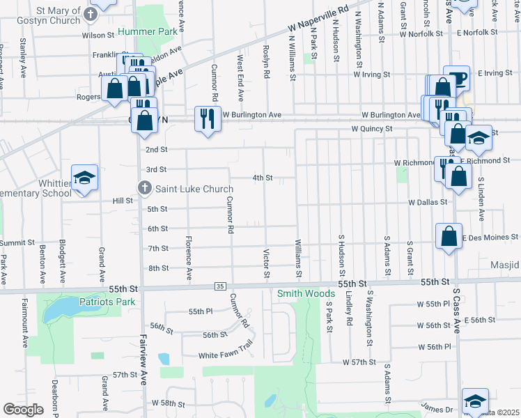 map of restaurants, bars, coffee shops, grocery stores, and more near 5302 Victor Street in Downers Grove