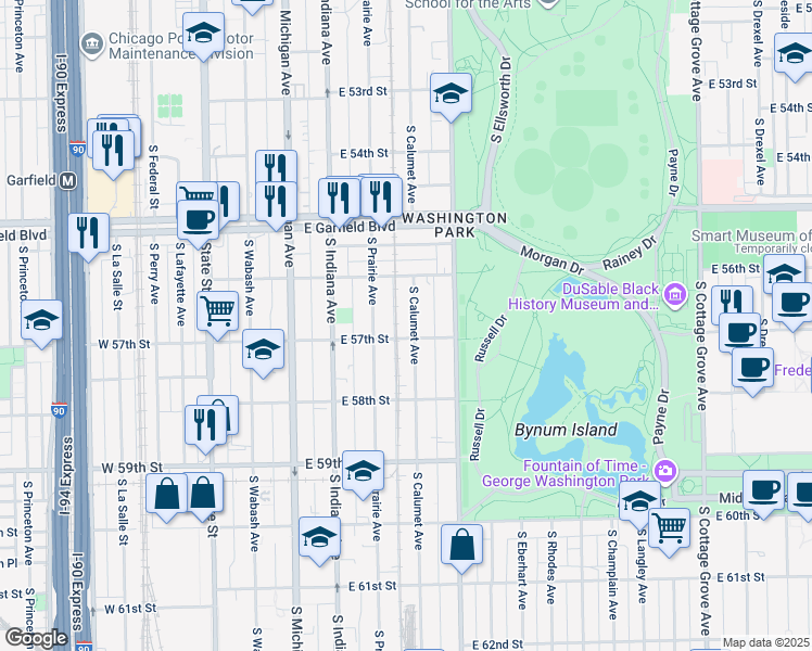 map of restaurants, bars, coffee shops, grocery stores, and more near 5648 South Calumet Avenue in Chicago