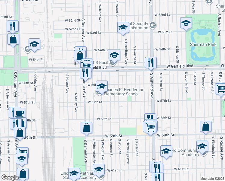map of restaurants, bars, coffee shops, grocery stores, and more near 5619 S Honore St in Chicago