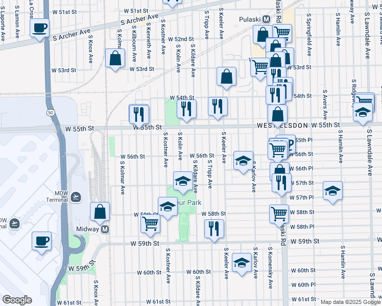map of restaurants, bars, coffee shops, grocery stores, and more near 5554 South Kildare Avenue in Chicago