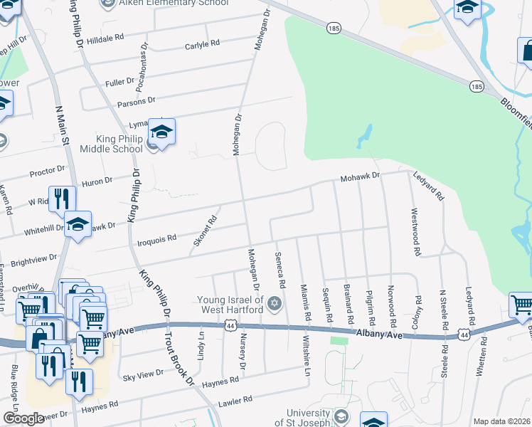 map of restaurants, bars, coffee shops, grocery stores, and more near 15 Stoneham Drive in West Hartford