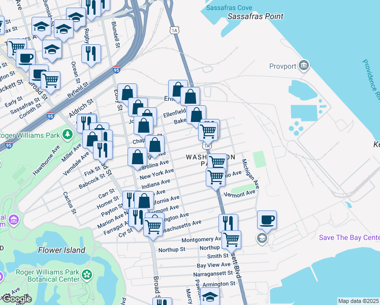 map of restaurants, bars, coffee shops, grocery stores, and more near 141 Carolina Avenue in Providence