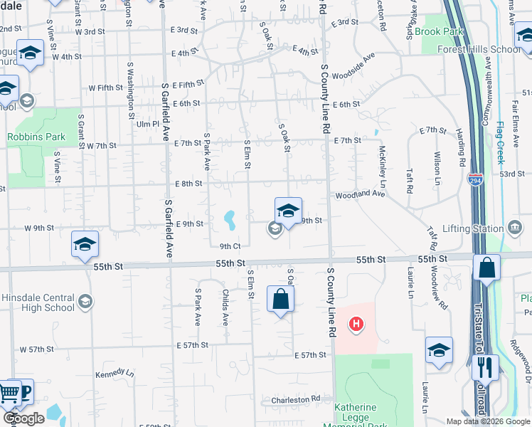 map of restaurants, bars, coffee shops, grocery stores, and more near 321 East 9th Street in Hinsdale