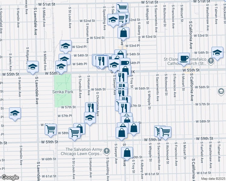 map of restaurants, bars, coffee shops, grocery stores, and more near 5602 South Sawyer Avenue in Chicago