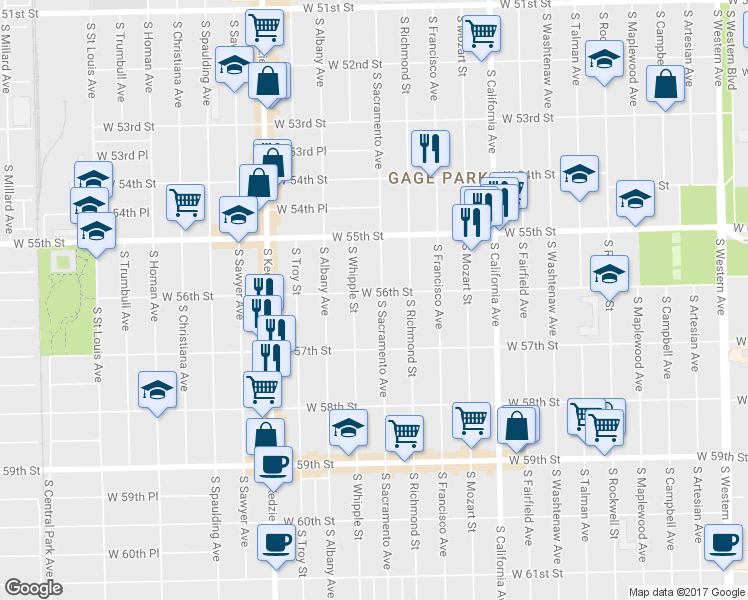 map of restaurants, bars, coffee shops, grocery stores, and more near 5606 South Sacramento Avenue in Chicago
